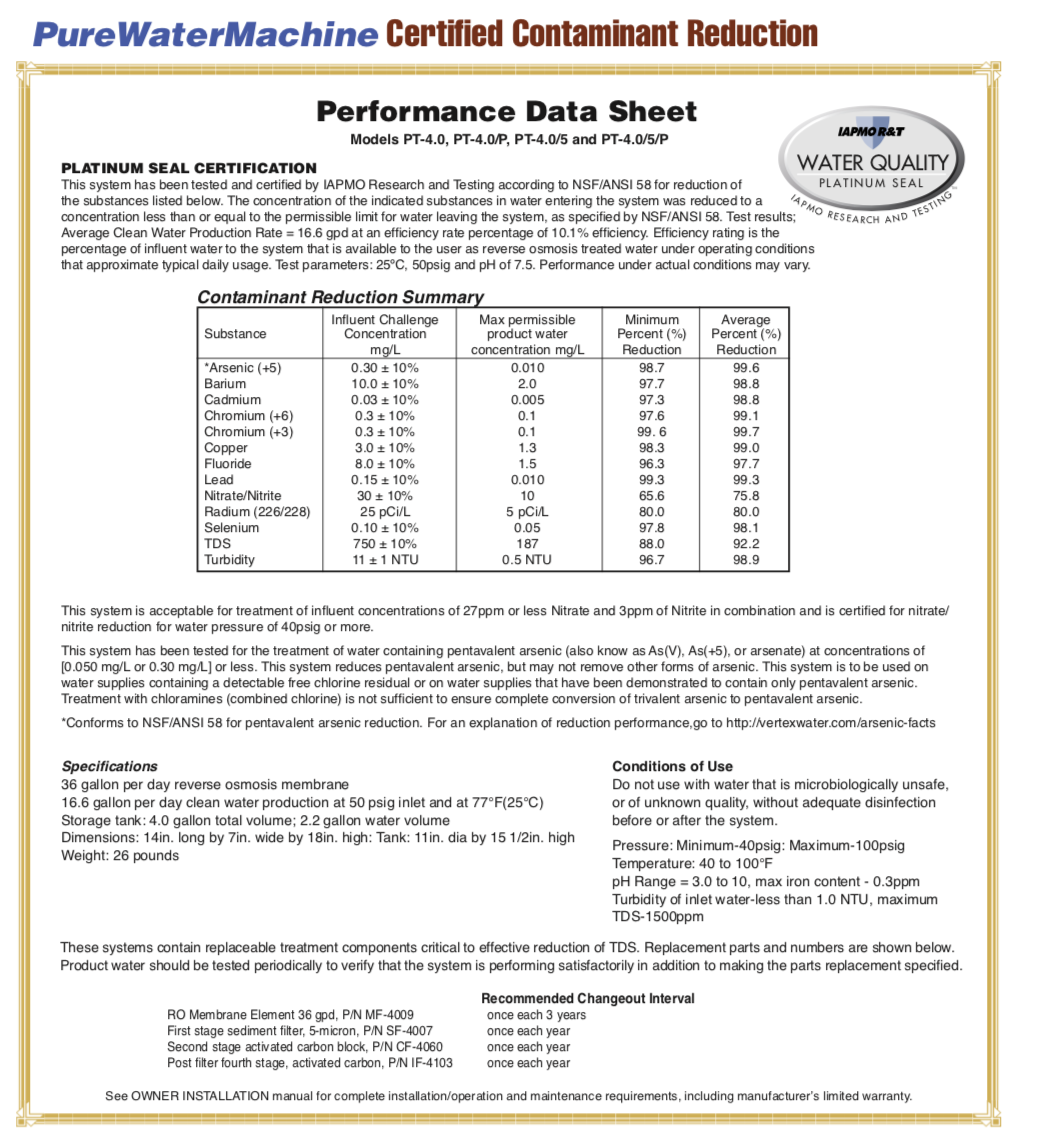 Pure Water Machine Performance Data Sheet